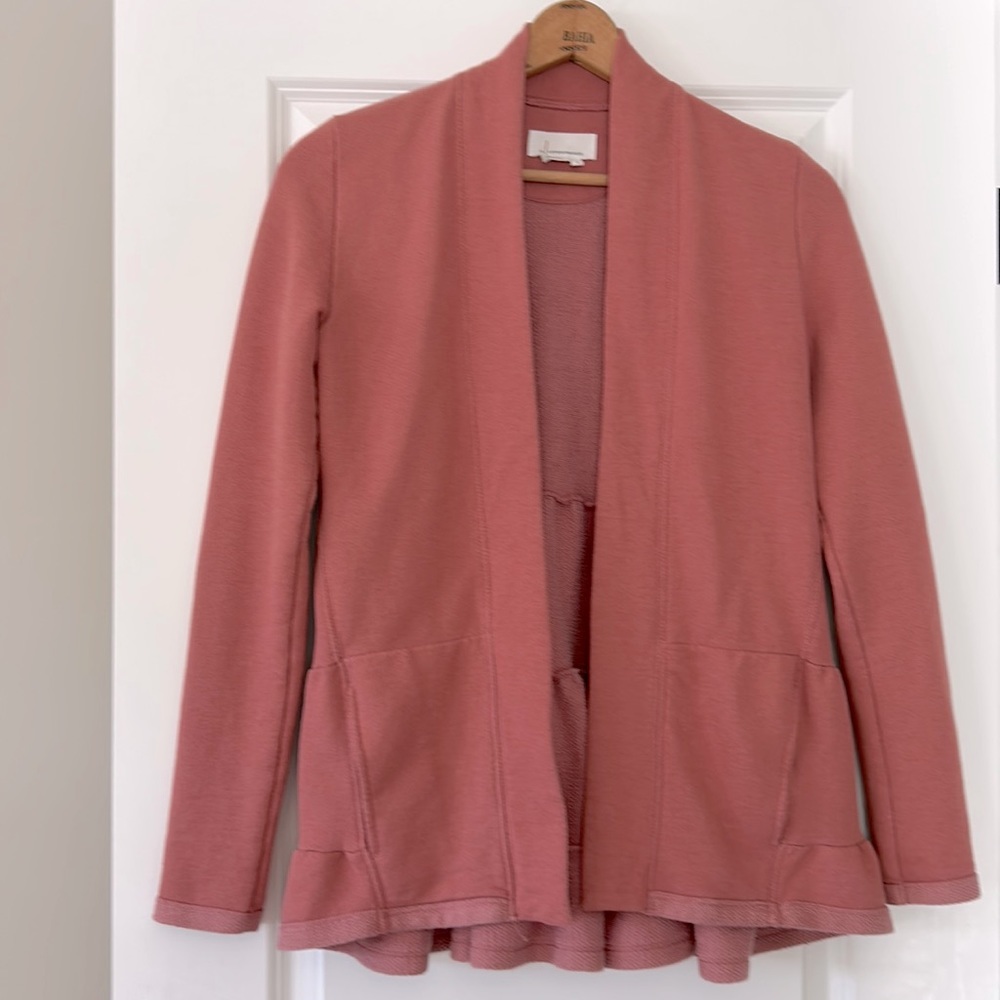 Anthropologie Dusty Rose Open Front Jacket w Tiered Ruffled Back & Pockets